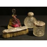 An Art Glass perfume bottle and stopper; a silver topped cut glass dressing table pot and scent