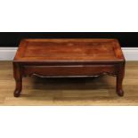 A Chinese hardwood rectangular low tea table, rectangular top above a deep frieze, shaped legs, 28cm