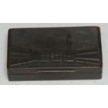 A 19th century French pressed horn snuff box, the hinged cover with a named view of Place St Marc