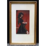 After Jack Vettriano Girl in Black Spotted Dress oil, 23cm x 13cm