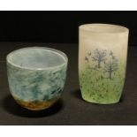 A Kosta Boda glass vase, meadow with trees and birds, 15cm; another Kosta Bodea bowl, moorland