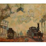 William Lawrence (20th century) Steam Train at the Station signed, oil on board, 69cm x 83cm