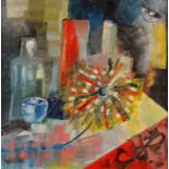 Beatrice Weile (contemporary) Still Life, Jar and Fan, on a ledge signed, dated 2004, 59cm x 59cm