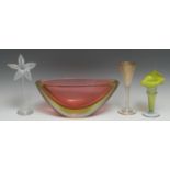 An Art Glass boat shaped vase, inred, yellow and clear glass, 34cm wide; a Victorian vaseline
