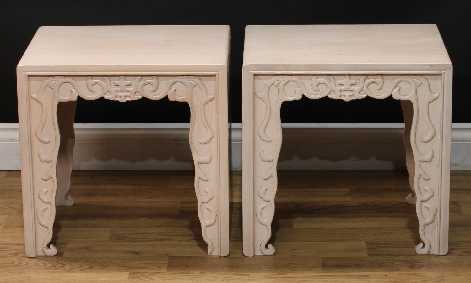 A pair of Chinese inspired tea tables or jardiniere stools, the sides impressed with the double - Image 2 of 3