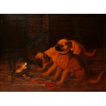 W** J** Jackson Playful Pugs and Tormented Kitten signed, oil on canvas, 50cm x 67cm