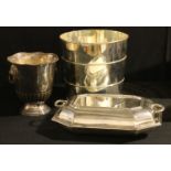 A silver plated wine cooler; an E.P.N.S ice bucket; an entree dish, by James Dixon & Sons (3)