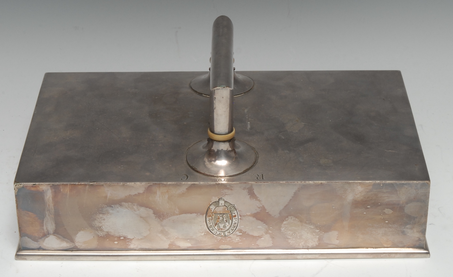 An E.P on copper knife cleaning tray, crested and inscribed R to C, 28cm wide, Elkington, c.1900