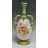A Royal Worcester two handled pedestal ovoid vase, decorated with colourful summer flowers, on a