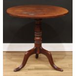 A 19th century mahogany tripod occasional table, circular tilting top, ring-turned column,