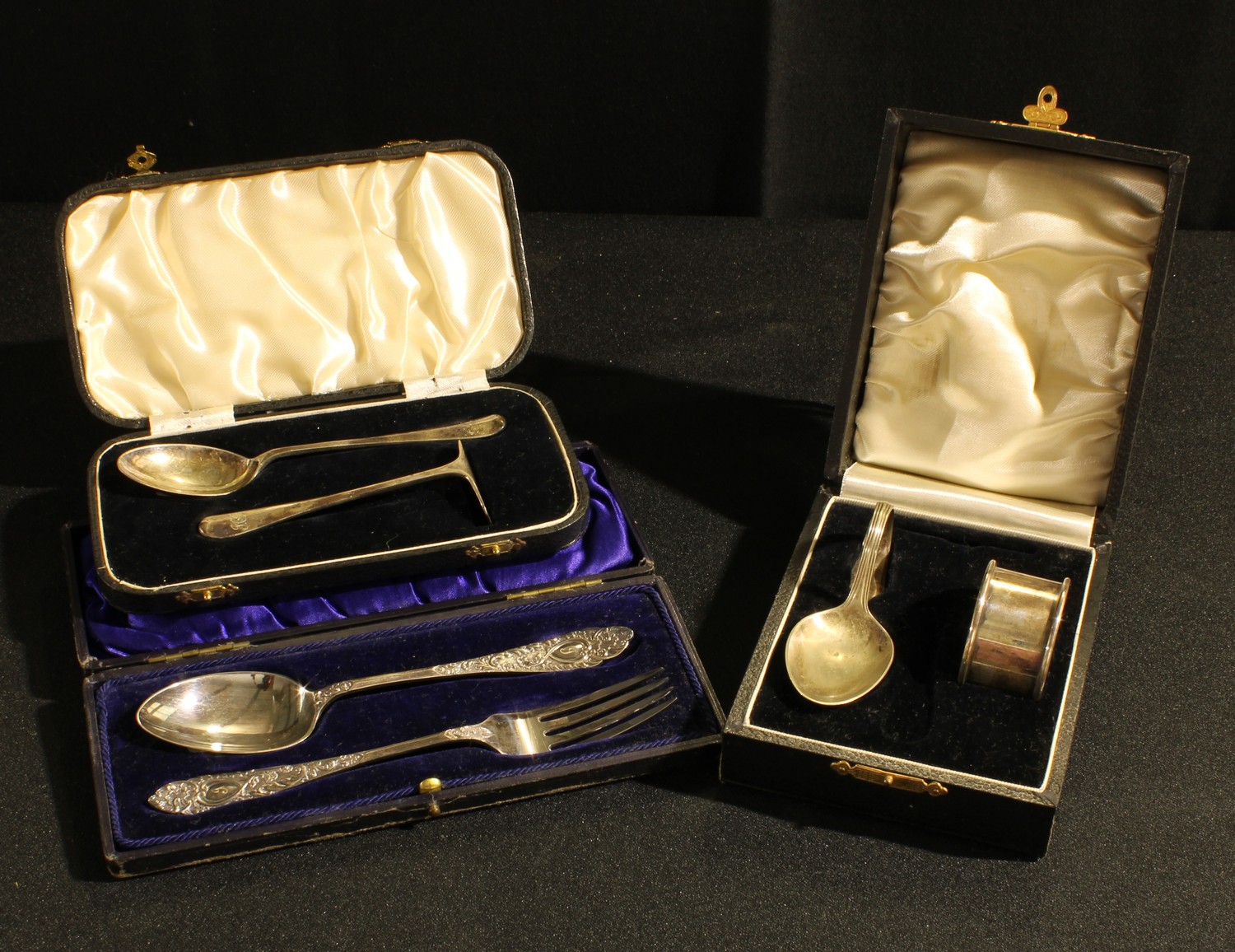 A silver baby's christening feeding set, Sheffield 1934, cased; two similar silver plated