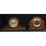 An oak Napoleon hat mantel clock, Arabic numerals, twin winding holes, chiming, key and pendulum,