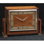 An Art Deco oak Westminster chime mantel clock, rectangular dial, silvered chapter ring, Roman