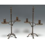 A pair of 19th century bronze adjustable candelabra, turned knop finials, urnular sconces, broad