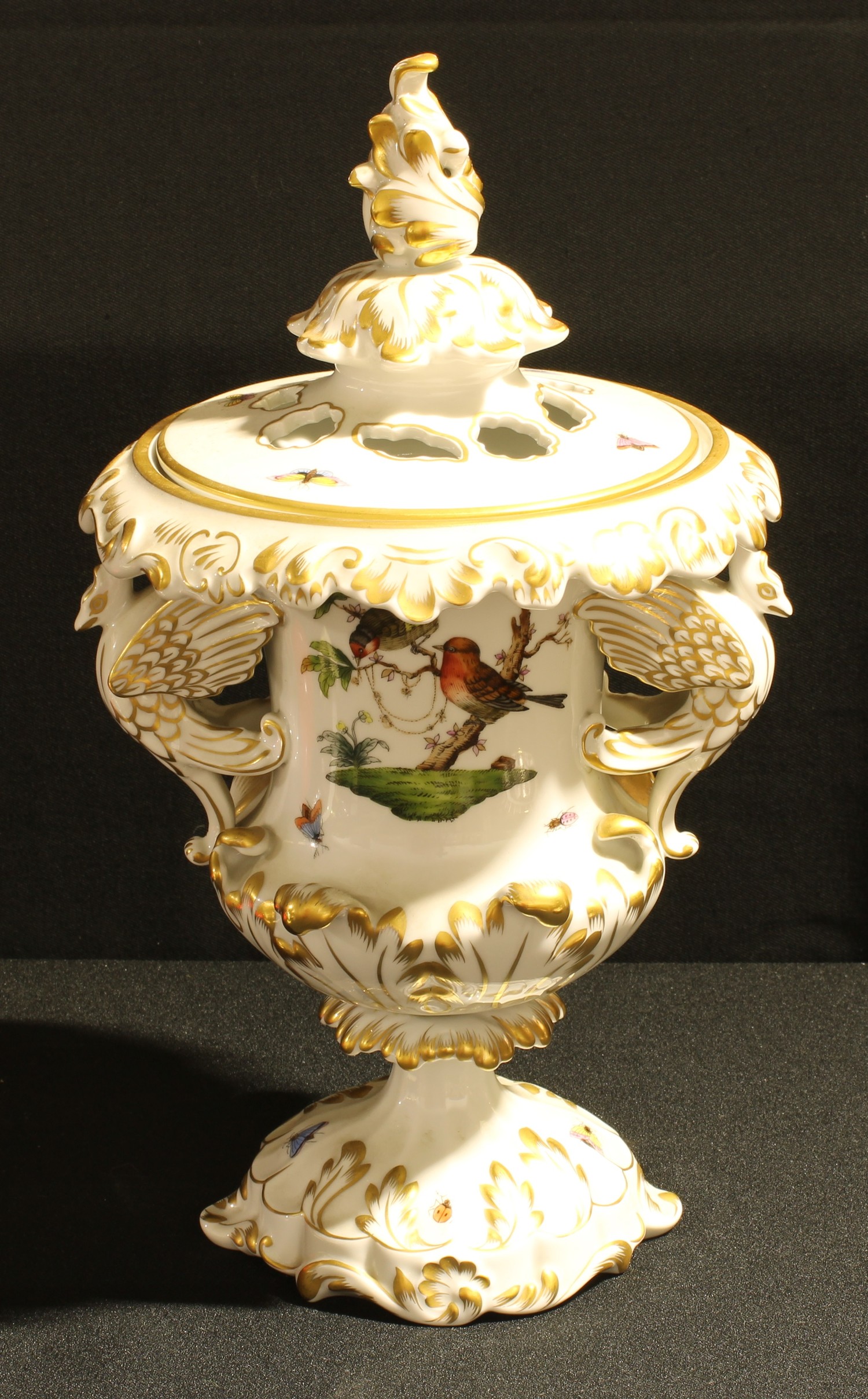 A Hungarian Herend Porcelain two handled campana shaped pedestal pot pourri vase and cover,