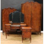An early-mid 20th century walnut and mahogany veneer bedroom suite, partially labelled Maple & Co