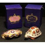 A Royal Crown Derby Crab paperweight, gold stopper, 1st quality, boxed and a Royal Crown Derby