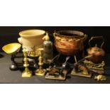 A set of Libra Scale Co balance scales and weights; a pair of brass ejector candlesticks; a copper