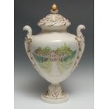 A large contemporary English Porcelain two handled pedestal ovoid vase and cover, painted by Kate