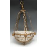 A Neo-Classical Revival gilt metal bag-shaped ceiling lamp shade, worked throughout with ribbons and