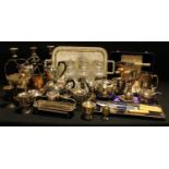 Silver Plate - an EPNS tea service; others; candlestick; mug; cruet set; three cut glass decanters