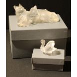 A Lalique France model of two cats, Happy and Heggie Lying Together, paperwork, boxed