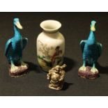 A Chinese Republican vase, 10cm high, red seal mark; a pair of models of ducks, glazed in tones of