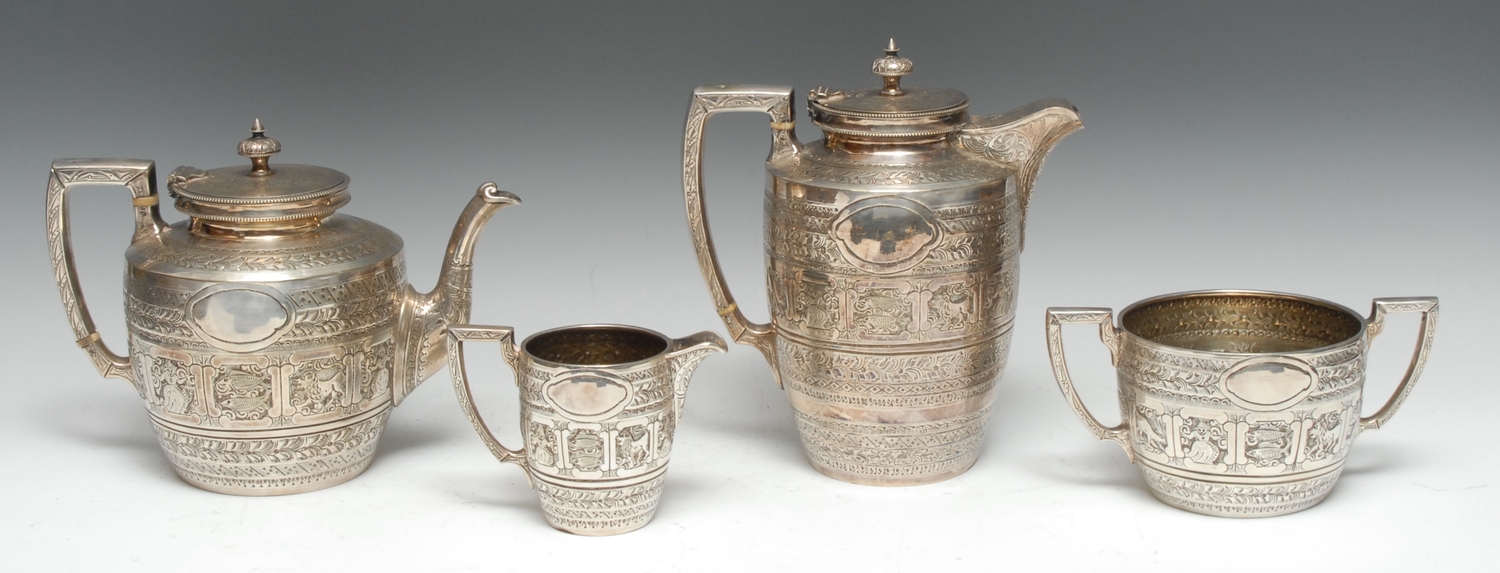 A Victorian Zodiac pattern electroplated four-piece tea and coffee service, comprising baluster