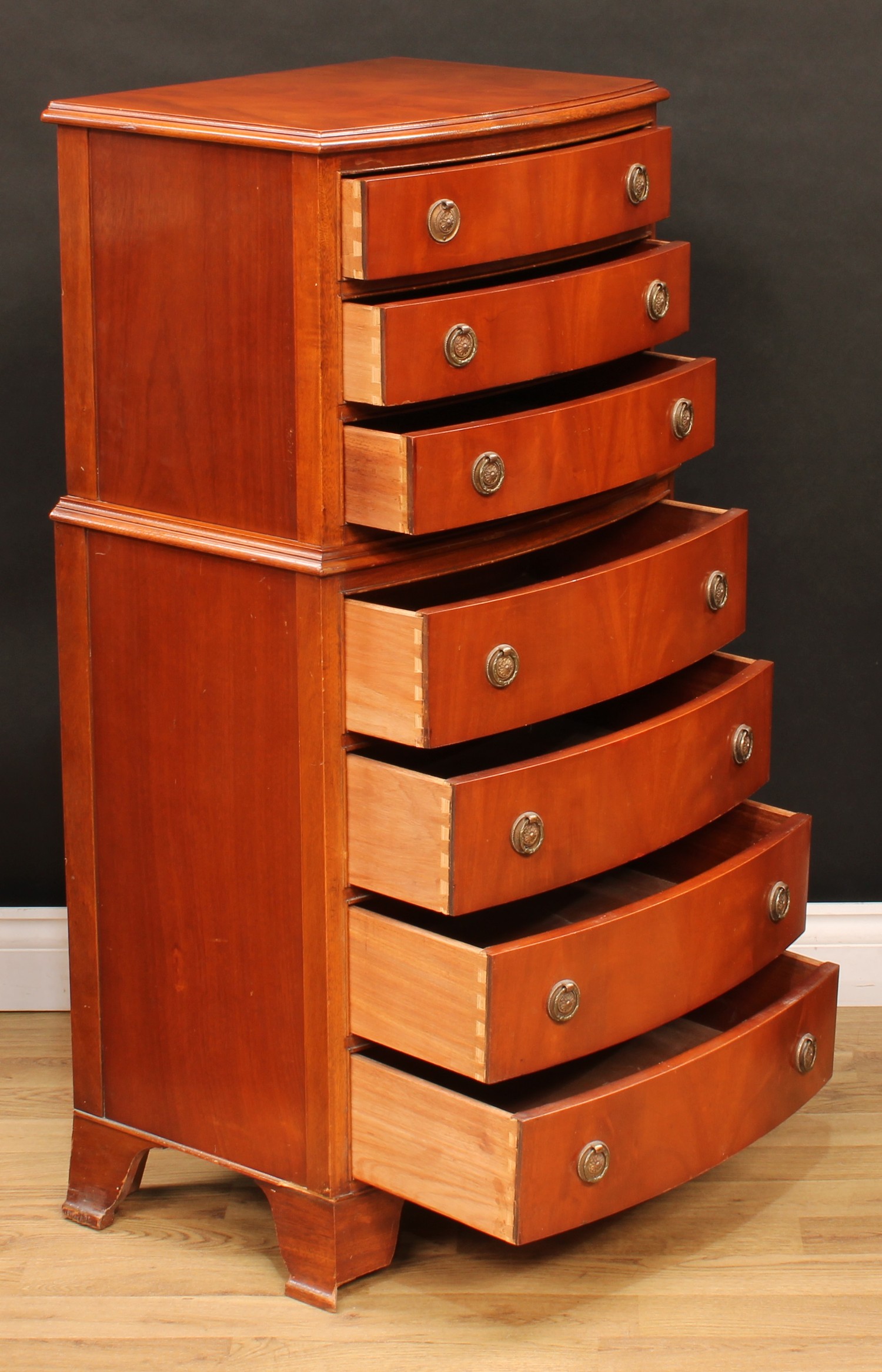 An Edwardian mahogany bedroom cupboard; others similar; a bow front chest of seven drawers, 109cm - Image 4 of 12