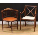 An Edwardian mahogany inlaid corner chair, 73cm high, 59cm wide, the seat 46cm wide; a similar
