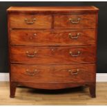 A George III mahogany bow front chest, slightly oversailing crossbanded top, outlined with boxwood