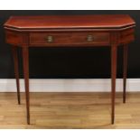 A George III mahogany tea table, canted rectangular top above a long frieze drawer, tapered square