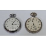 A silver-plated open face pocket watch; another, Ingersoll, (2)