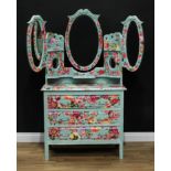 An 'Edwardian' dressing chest, later painted and decoupaged with colourful summer flowers, birds and