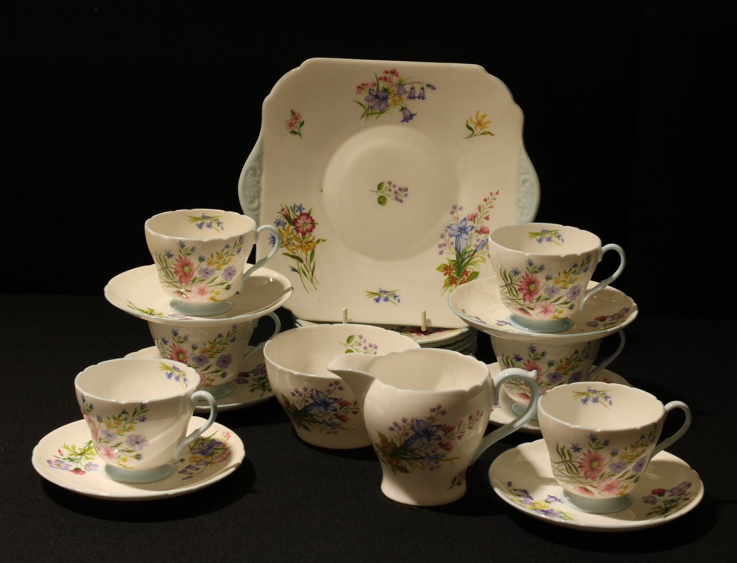 A Shelley Wild Flowers pattern tea set for six, milk, sugar, bread and butter plate, pattern