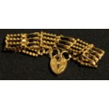 A 9ct gold gate link bracelet, love heart clasp, safety chain, marked 375, 18.7g