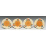 A set of four Clarice Cliff Crocus pattern tea plates, typically decorated with orange, purple and