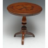 Miniature Furniture - a Victorian mahogany and parquetry tripod centre table, hinged moulded top