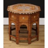 A Moorish/Anglo-Indian design hardwood and marquetry octagonal folding occasional table, inlaid with