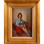 Charles McCall (1907 - 1989) Mother and Son signed, oil on board, 29cm x 20cm