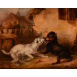 English School (19th century) Two Dogs in a Yard oil on panel, 13cm x 16.5cm