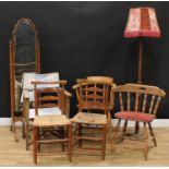 A Queen Anne style cheval mirror; a pair of Lancashire ladder back rush seat chairs; a folding