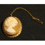 A 9ct gold mounted carved shell cameo brooch, beauty in profile, safety chain, 4cm high, 7g