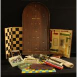 A Bramhall Woodware bagatelle board; marbles; clockwork mouse; Ludo; Sorry; Dominos; resin Scrimshaw