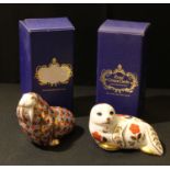 A Royal Crown Derby Walrus paperweight, gold stopper, 1st quality, boxed and a Royal Crown Derby