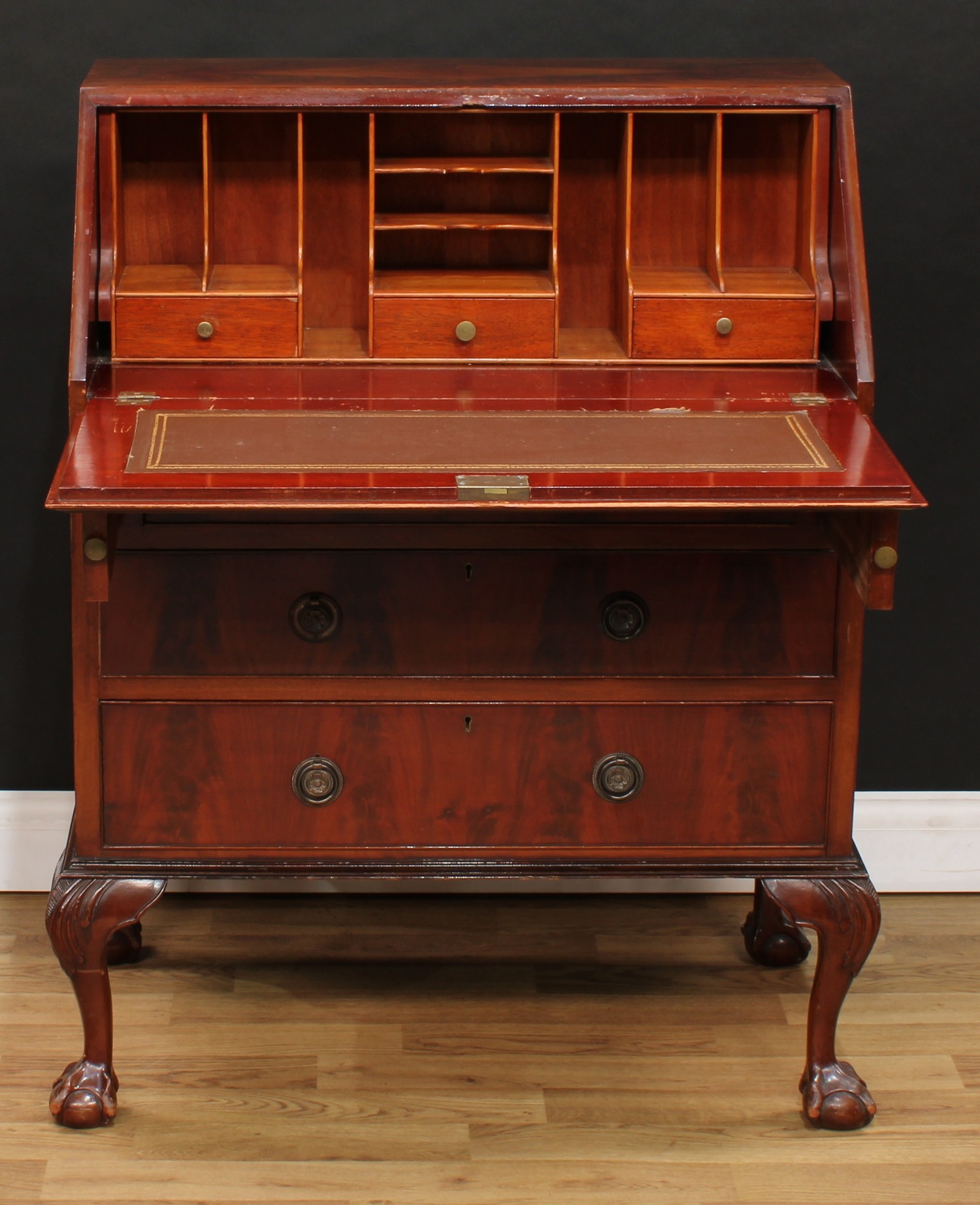 A mahogany bureau, fall front enclosing a fitted interior above three long drawers, 101cm high, 82cm - Image 3 of 9