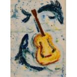 Ian E Dunlop (contemporary) Mackerel and Guitar signed, dated 2001, oil on paper, 23.5cm x 17cm