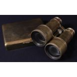 A pair of late 19th century French brass binoculars, Maison D'Ingenieur; a brass cigarette box and