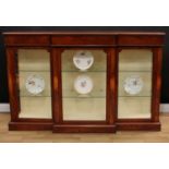 A Victorian mahogany crossbanded walnut break-centre display side cabinet, oversailing top with