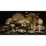 Plated Ware - a three light candelabrum; a six piece tea service; trays; etc